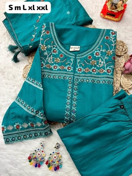 Dazzling Aqva Blue Viscose Round Kurti With Embroidery Neckline Embroidery Kurtis 