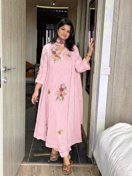 Dazzling Baby Pink Air Tex Chinon Kurti Pant Dupatta Set with Embroidery Work  