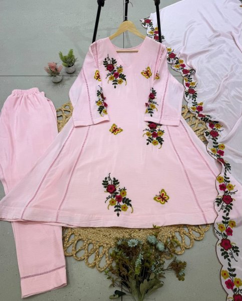 Dazzling Baby Pink Air Tex Chinon Kurti Pant Dupatta Set with Embroidery Work  Ready To Wear Collection