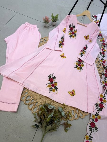 Dazzling Baby Pink Air Tex Chinon Kurti Pant Dupatta Set with Embroidery Work  Ready To Wear Collection