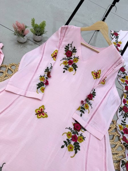 Dazzling Baby Pink Air Tex Chinon Kurti Pant Dupatta Set with Embroidery Work  Ready To Wear Collection