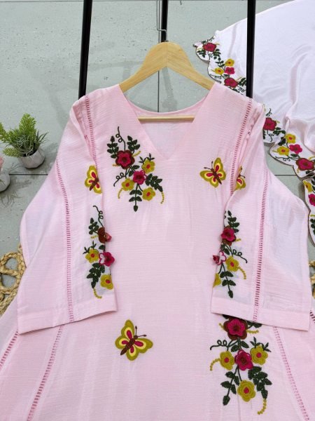 Dazzling Baby Pink Air Tex Chinon Kurti Pant Dupatta Set with Embroidery Work  Ready To Wear Collection