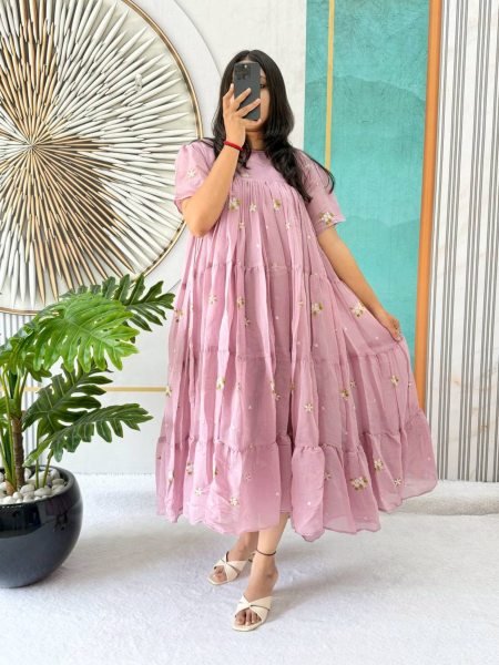 Dazzling Baby Pink Summer Wear Mull Cotton Chanderi Gown with Soft Micro Cotton Lining for Resellers Kurtis
