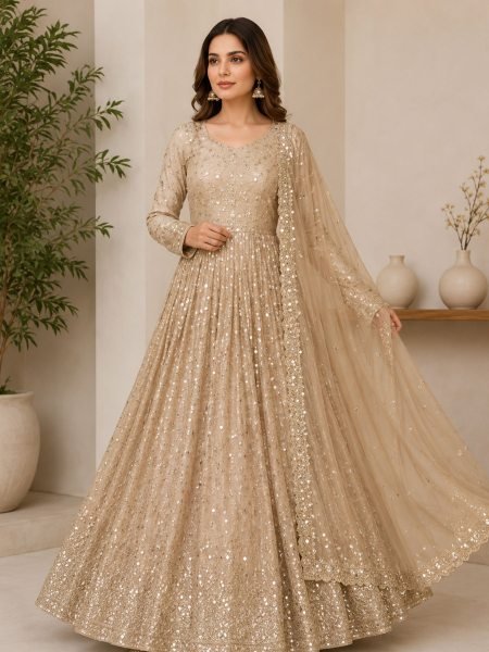 Dazzling Beige Chinon Silk Anarkali Set With 3 Meter Flair With Sequence Work Ready To Wear Suit