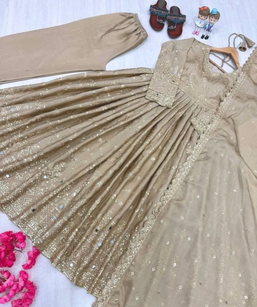 Dazzling Beige Chinon Silk Anarkali Set With 3 Meter Flair With Sequence Work Ready To Wear Collection