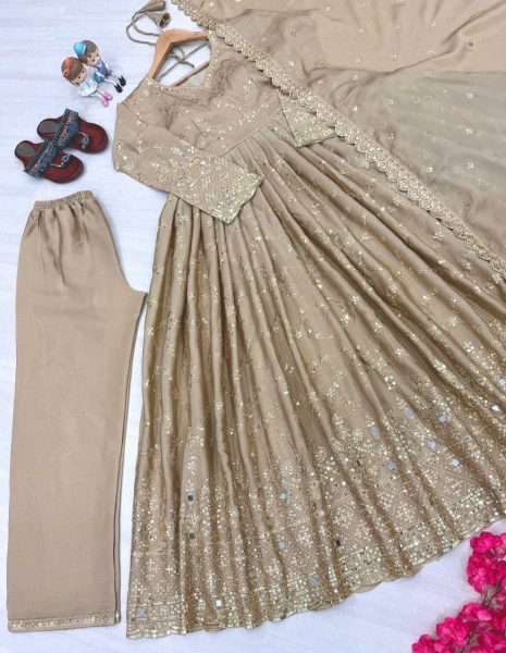 Dazzling Beige Chinon Silk Anarkali Set With 3 Meter Flair With Sequence Work Ready To Wear Collection