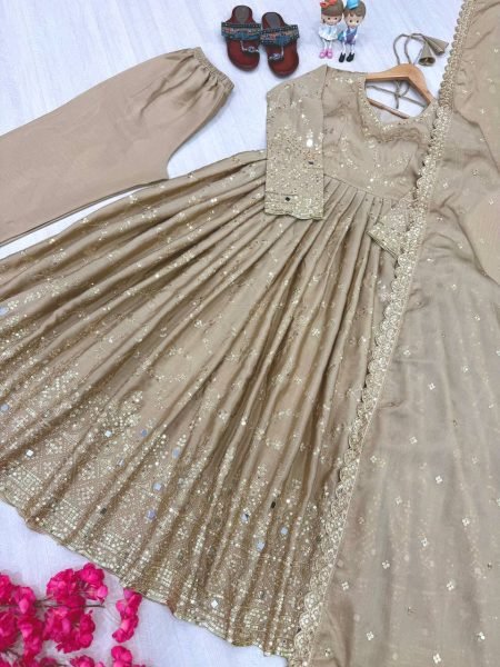 Dazzling Beige Chinon Silk Anarkali Set With 3 Meter Flair With Sequence Work Ready To Wear Collection