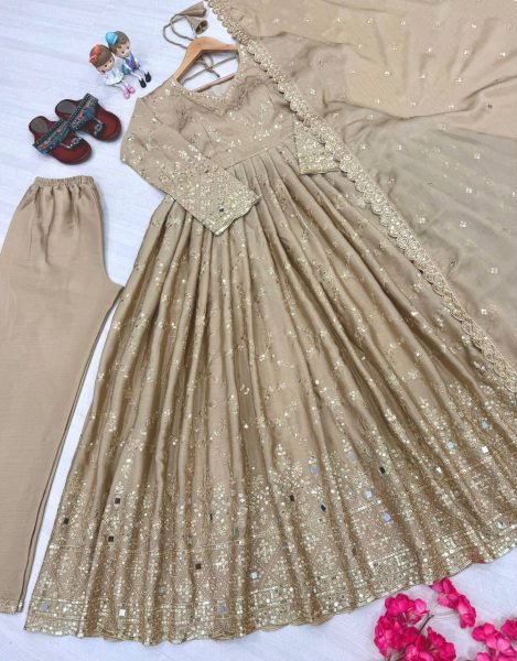 Dazzling Beige Chinon Silk Anarkali Set With 3 Meter Flair With Sequence Work Ready To Wear Collection