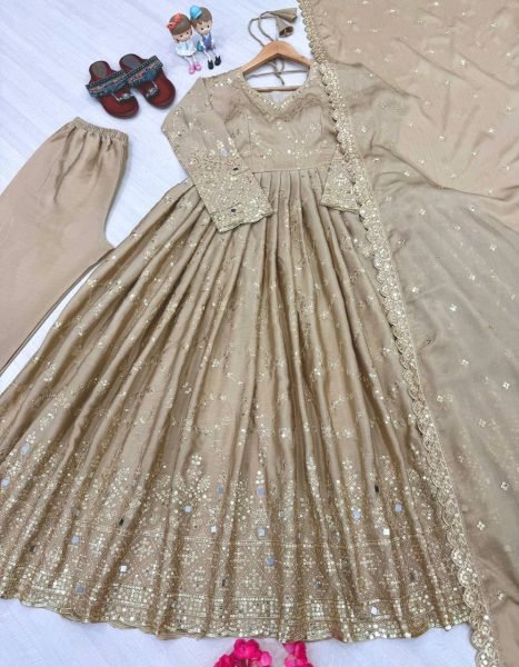 Dazzling Beige Chinon Silk Anarkali Set With 3 Meter Flair With Sequence Work Ready To Wear Collection