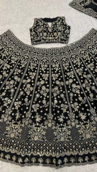 Dazzling Black Chinon Silk Lehenga with Heavy Zari  Sequins Work and Matching Dupatta Designer Lehenga Choli