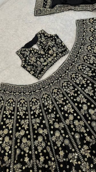 Dazzling Black Chinon Silk Lehenga with Heavy Zari  Sequins Work and Matching Dupatta Designer Lehenga Choli