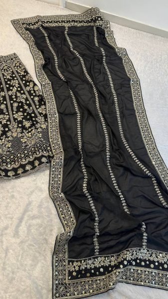 Dazzling Black Chinon Silk Lehenga with Heavy Zari  Sequins Work and Matching Dupatta Designer Lehenga Choli