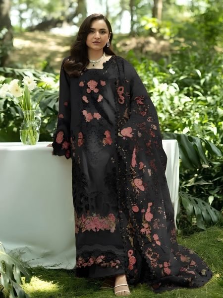 Dazzling Black Designer Cotton Chikankari Suit Set with Cotton Bottom for Festival 