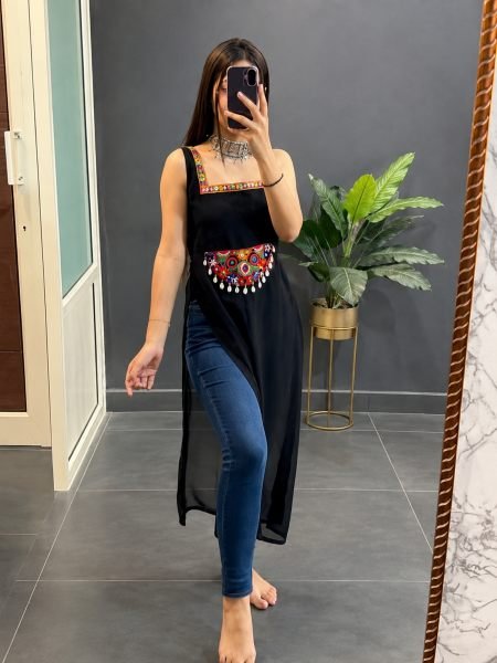 Dazzling Black Georgette Embroidered Top with Intricate Thread Kamthi Work and Latkan For Navrati Kurtis