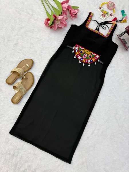 Dazzling Black Georgette Embroidered Top with Intricate Thread Kamthi Work and Latkan For Navrati  Straight Cut Long Kurtis