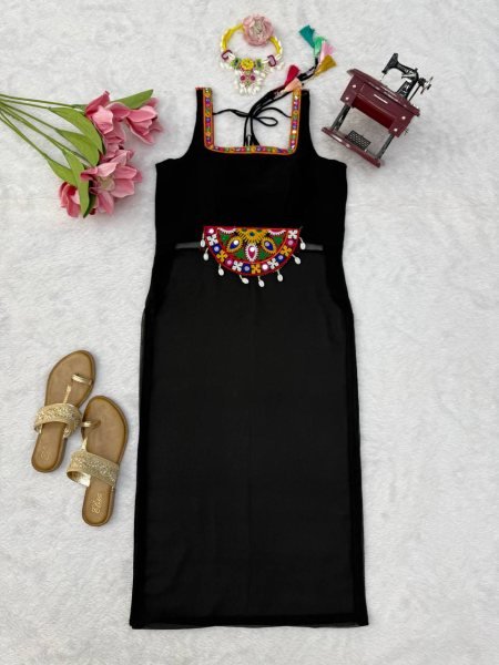 Dazzling Black Georgette Embroidered Top with Intricate Thread Kamthi Work and Latkan For Navrati  Straight Cut Long Kurtis