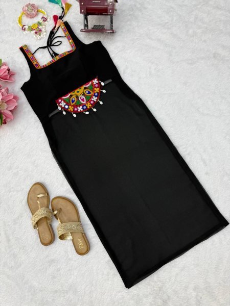 Dazzling Black Georgette Embroidered Top with Intricate Thread Kamthi Work and Latkan For Navrati  Straight Cut Long Kurtis