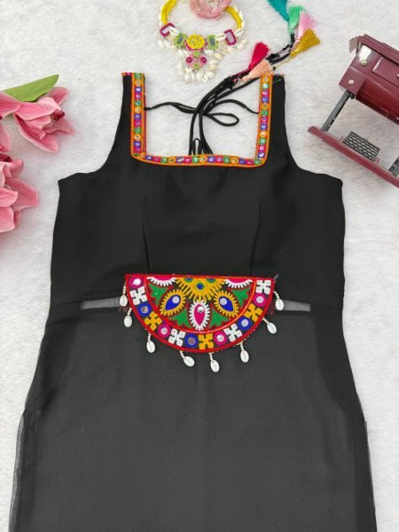 Dazzling Black Georgette Embroidered Top with Intricate Thread Kamthi Work and Latkan For Navrati  Straight Cut Long Kurtis