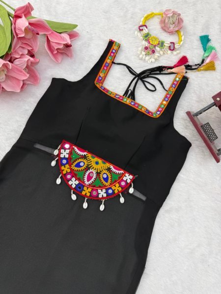 Dazzling Black Georgette Embroidered Top with Intricate Thread Kamthi Work and Latkan For Navrati  Straight Cut Long Kurtis