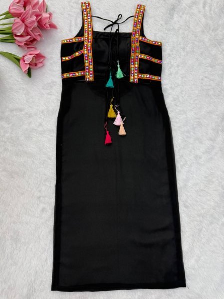 Dazzling Black Georgette Embroidered Top with Intricate Thread Kamthi Work and Latkan For Navrati  Straight Cut Long Kurtis