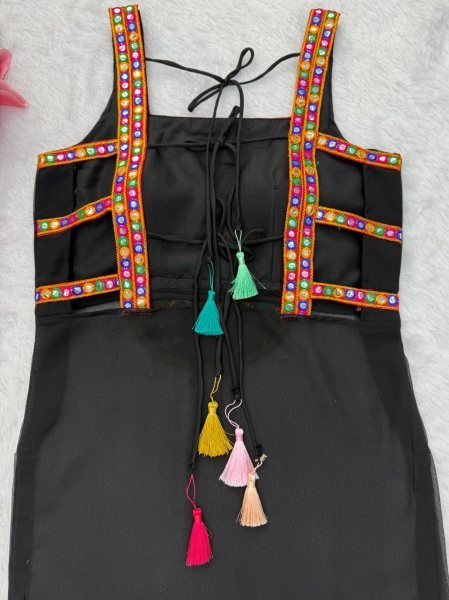 Dazzling Black Georgette Embroidered Top with Intricate Thread Kamthi Work and Latkan For Navrati  Straight Cut Long Kurtis