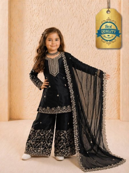 Dazzling Black Kids Eid Special Sharara Set with Heavy Embroidery Work Kurtis