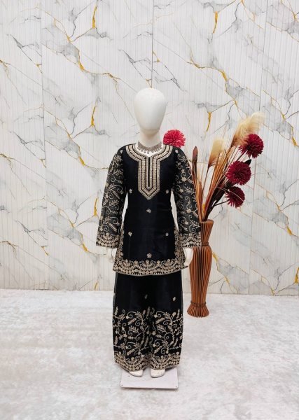 Dazzling Black Kids Eid Special Sharara Set with Heavy Embroidery Work Girls Wear
