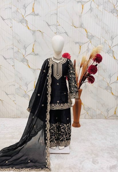 Dazzling Black Kids Eid Special Sharara Set with Heavy Embroidery Work Girls Wear