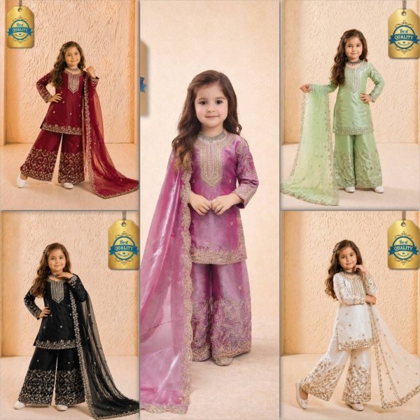 Dazzling Black Kids Eid Special Sharara Set with Heavy Embroidery Work Girls Wear