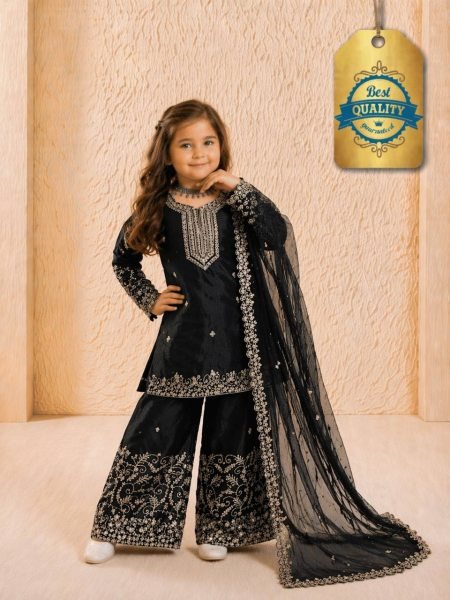 Dazzling Black Kids Eid Special Sharara Set with Heavy Embroidery Work Girls Wear