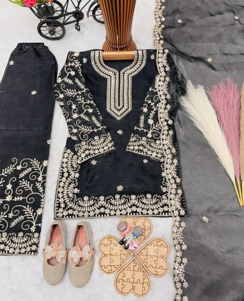 Dazzling Black Kids Eid Special Sharara Set with Heavy Embroidery Work Girls Wear
