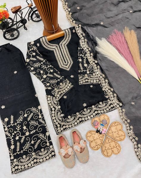 Dazzling Black Kids Eid Special Sharara Set with Heavy Embroidery Work Girls Wear