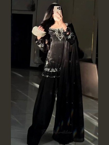 Dazzling Black Natural Satin Farshi Palazzo Suit with Dupatta for Women Ready To Wear Suit