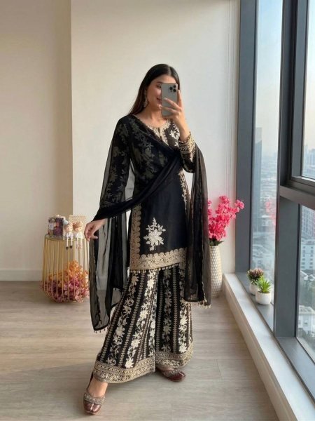 Dazzling Black Star Georgette Palazzo Suit with Embroidery Work And Latkan In Dupatta For Wedding Wear Ready To Wear Collection