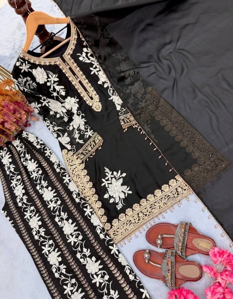 Dazzling Black Star Georgette Palazzo Suit with Embroidery Work And Latkan In Dupatta For Wedding Wear Ready To Wear Collection