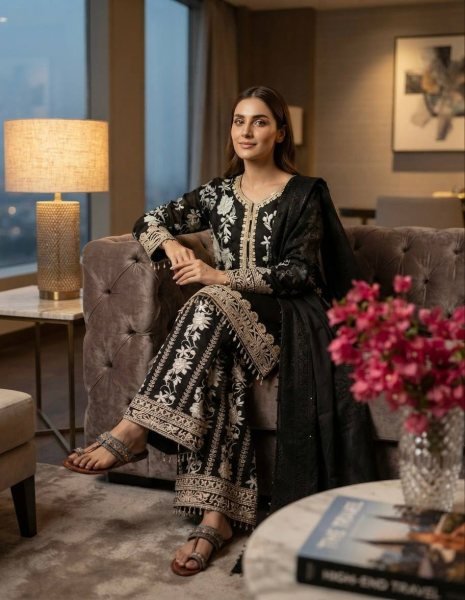 Dazzling Black Star Georgette Palazzo Suit with Embroidery Work And Latkan In Dupatta For Wedding Wear Ready To Wear Collection