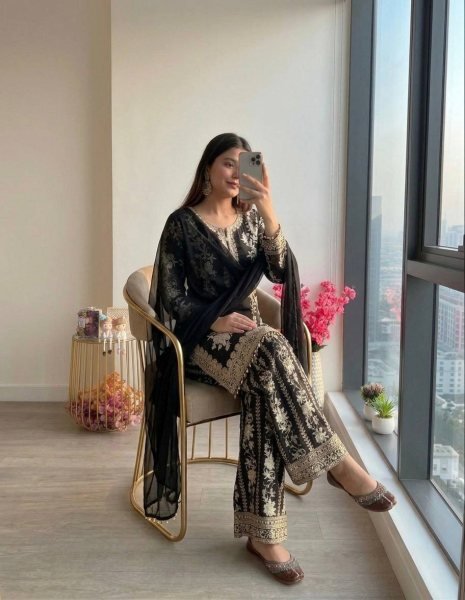 Dazzling Black Star Georgette Palazzo Suit with Embroidery Work And Latkan In Dupatta For Wedding Wear Ready To Wear Collection