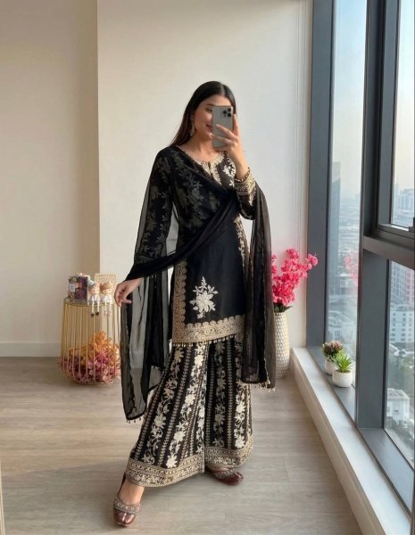 Dazzling Black Star Georgette Palazzo Suit with Embroidery Work And Latkan In Dupatta For Wedding Wear Ready To Wear Collection