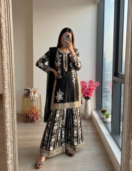 Dazzling Black Star Georgette Palazzo Suit with Embroidery Work And Latkan In Dupatta For Wedding Wear Ready To Wear Collection