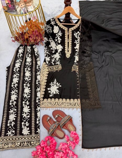 Dazzling Black Star Georgette Palazzo Suit with Embroidery Work And Latkan In Dupatta For Wedding Wear Ready To Wear Collection