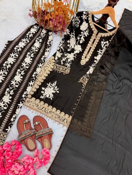 Dazzling Black Star Georgette Palazzo Suit with Embroidery Work And Latkan In Dupatta For Wedding Wear Ready To Wear Collection