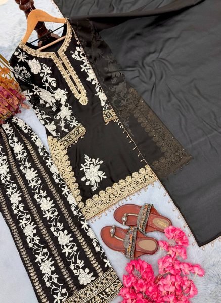 Dazzling Black Star Georgette Palazzo Suit with Embroidery Work And Latkan In Dupatta For Wedding Wear Ready To Wear Collection