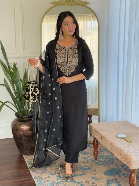 Dazzling Black Viscose Embroidered Straight Kurta Set with Organza Dupatta  Straight Cut Long Kurtis