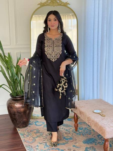 Dazzling Black Viscose Embroidered Straight Kurta Set with Organza Dupatta  Straight Cut Long Kurtis