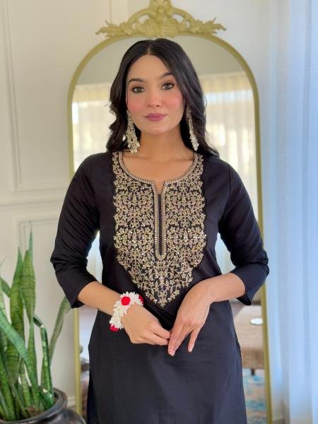 Dazzling Black Viscose Embroidered Straight Kurta Set with Organza Dupatta  Straight Cut Long Kurtis