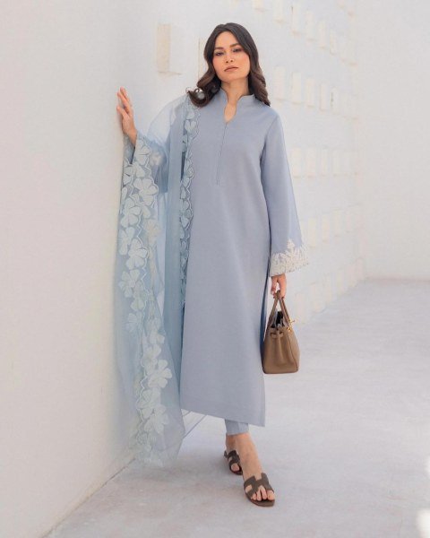 Dazzling Blue Chanderi Suit Set with Organza Dupatta for Women  Straight Cut Long Kurtis