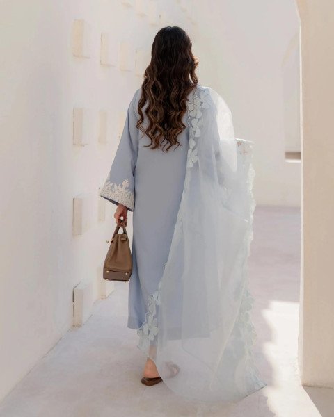 Dazzling Blue Chanderi Suit Set with Organza Dupatta for Women  Straight Cut Long Kurtis