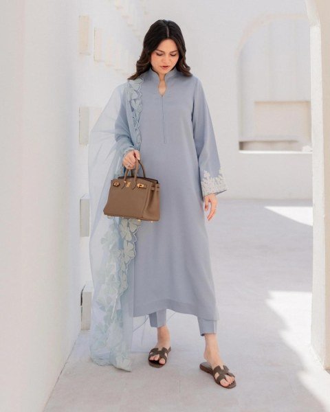 Dazzling Blue Chanderi Suit Set with Organza Dupatta for Women  Straight Cut Long Kurtis