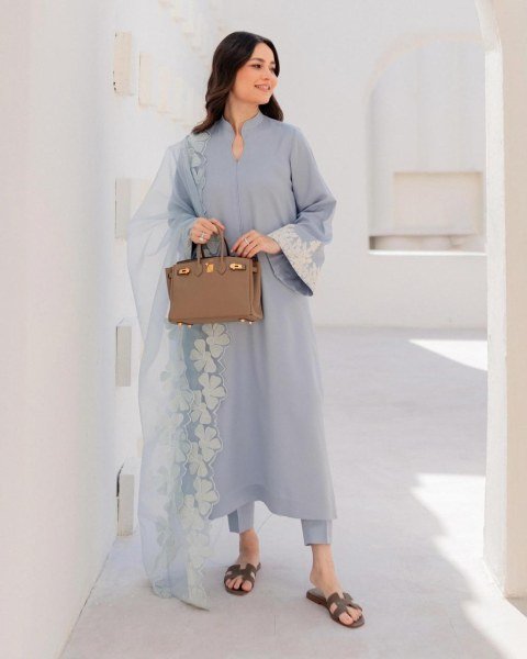 Dazzling Blue Chanderi Suit Set with Organza Dupatta for Women  Straight Cut Long Kurtis
