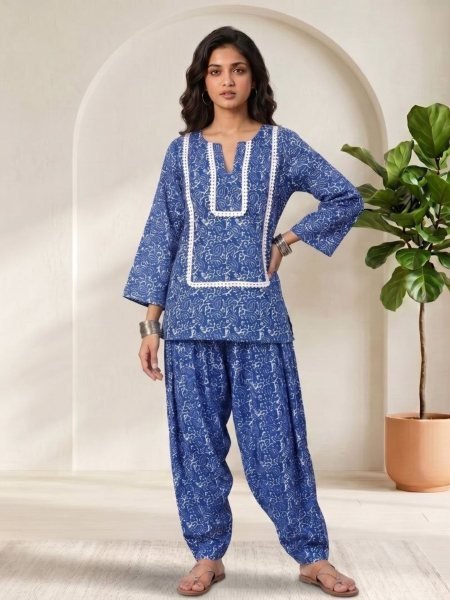 Dazzling Blue Designer Cotton Co-Ord Set with Farshi Bottom and Modern Look Kurtis